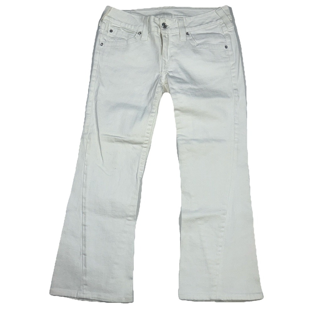 TRUE RELIGION Flared White Denim Jeans Womens 31 Disco Joey Twisted Seam Stretch